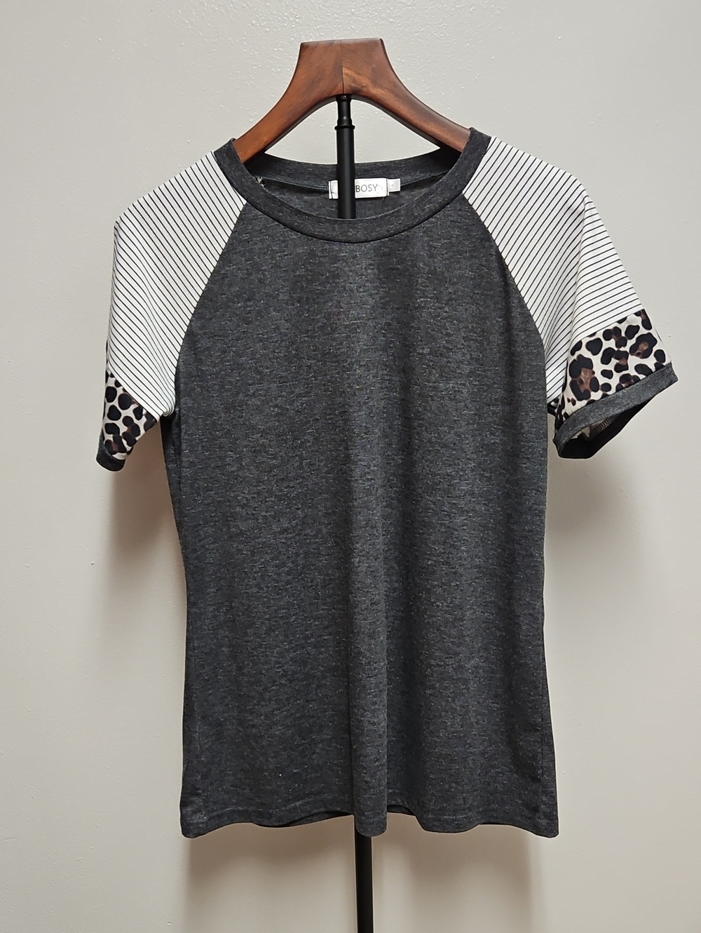 Women's Charcoal Raglan Tee with Striped & Leopard Sleeve Detail